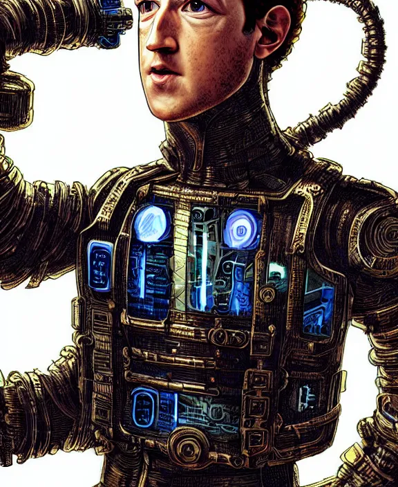 Image similar to Mark Zuckerberg wearing evil cyberpunk steampunk armour by Moebius, 4k resolution, detailed