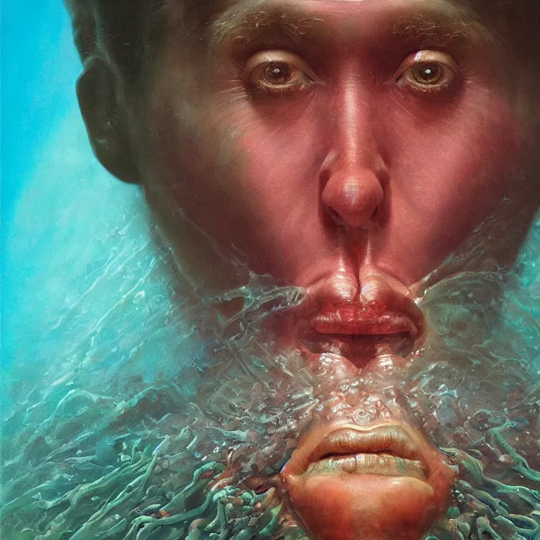 Prompt: Hyperrealistic intensely colored close up studio Photograph portrait of a deep sea bioluminescent Chad Everett, symmetrical face realistic proportions eye contact, sitting in His throne underwater, award-winning portrait oil painting by Norman Rockwell and Zdzisław Beksiński vivid colors high contrast hyperrealism 8k