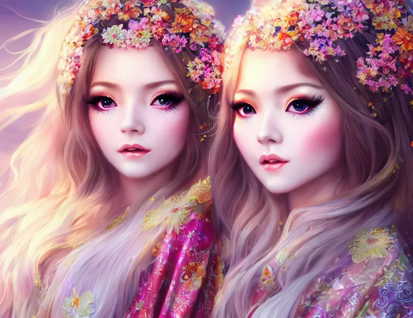 Image similar to two beautiful fashion siberian girls wear fantasy kimono in festival | | big eyes, sunny, dreamlike art, realistic shaded, smile, good looking, hyper details, 4 k realistic, cryengine, realistic shaded lighting poster by artgerm, ross tran, fuji choko, loish, 8 k resolution, trending on artstation, luxury