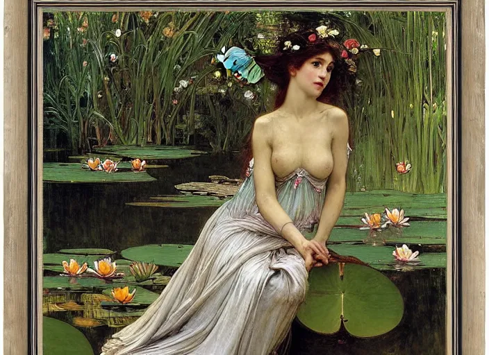 Prompt: a masterpiece painting of a beautiful faerie queen in a waterlily pond by john william waterhouse and alphonse mucha, wide angle, in frame, symmetrical, muted colors