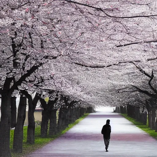 Prompt: a man walks through cherry blossom trees, digital art