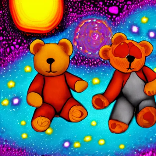 Image similar to a lot of teddy bears fights in epic battle, background a nuclear toxic multi - colored explosion in big town, psychedelic