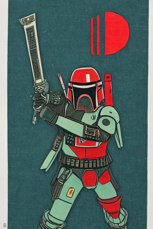 Prompt: Japanese woodblock print of Boba Fett