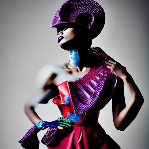 Prompt: a model dressed in a tasteful avant garde fashion outfit ensemble, ibrahim kamara fashion editorial photo, arms, sharp focus dynamic light