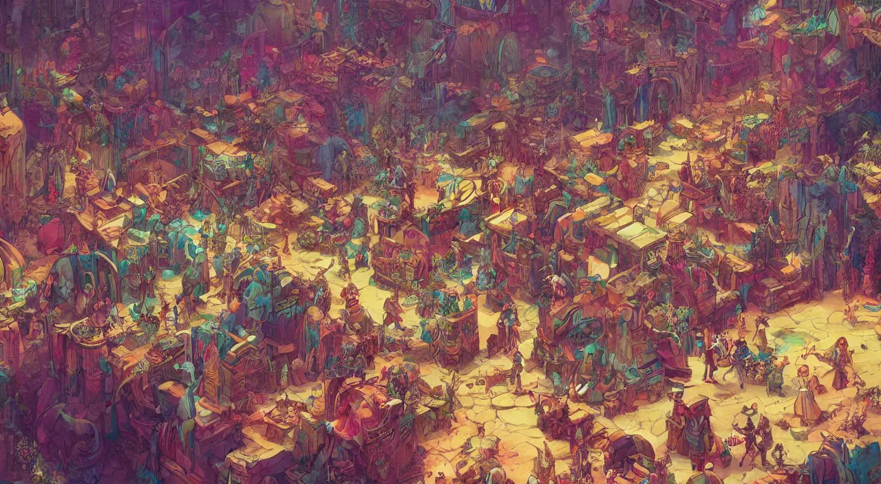 Prompt: vibrant multicolor wonderland bazaar zouk old egypt epic fantasy painting photoshop sharpen that looks like it is from borderlands and by feng zhu and loish and laurie greasley, victo ngai, andreas rocha, john harris
