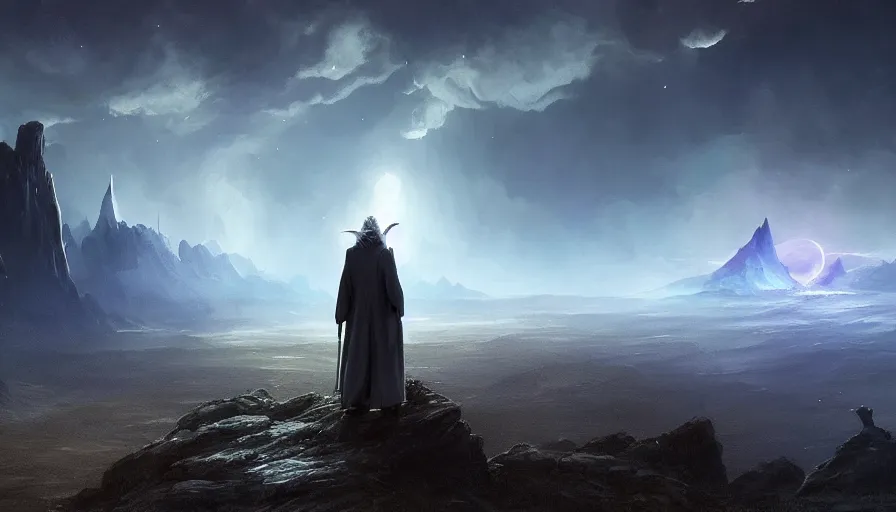 Image similar to a beautiful painting of gandalf watching the night sky of an alien world, ray traced lighting by jean kalin popov and greg rutkowski