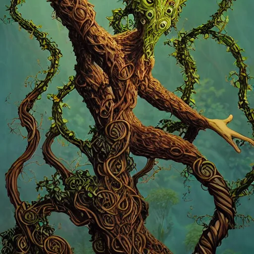 Image similar to anthropomorphic tangle of vines and plant matter. this fantasy creature guards the woods from unwary travelers. similar to a treant or forest spirit. By rebecca guay, by terese nielsen, by aaron miller, by kieran yanner. trending on artstation. 4k resolution.