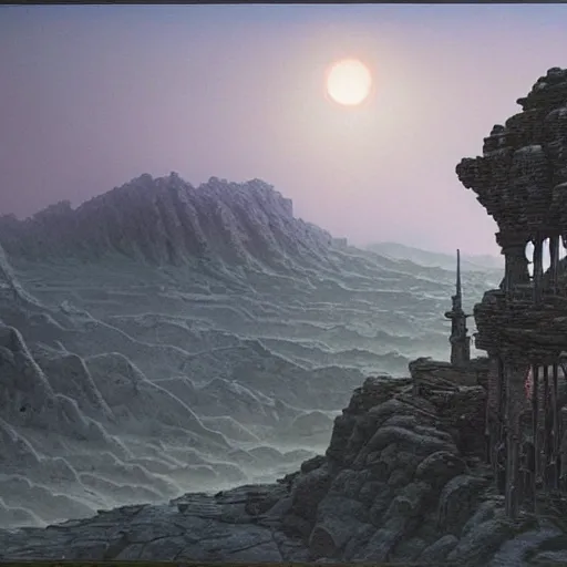 Prompt: a building in a stunning landscape by wayne barlowe