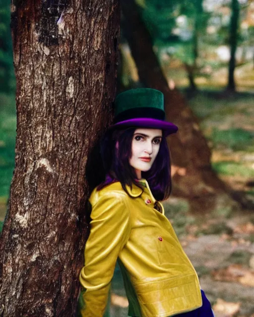 Prompt: photos of young winona ryder wearing a yellow leather jacket, green corduroy pants, a red silk blouse, and purple velvet top hat on her head, photoshoot in the style of annie leibovitz, photorealistic, soft focus, bokeh, 5 0 mm