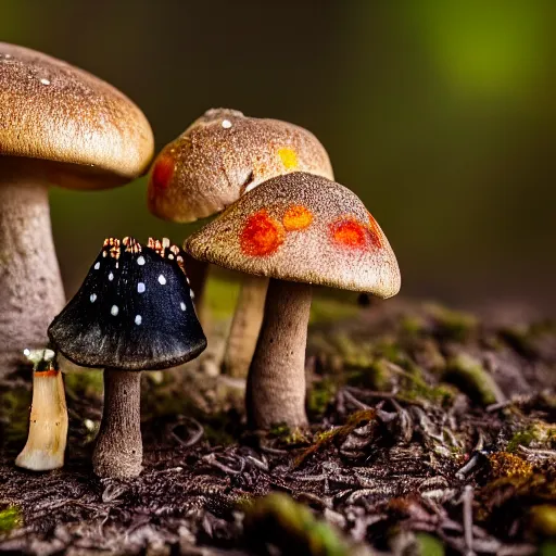 Prompt: macro photo with a fantasy Microfungi character with cute eyes and mycelium, painted patterns and coloring on mushrooms, 8K, highly detailed