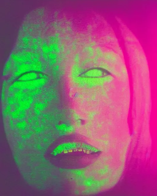 Prompt: featureless woman's face, blank expression, violet and yellow and green lighting, polaroid photo, 1 9 8 0 s cgi, atmospheric, whimsical and psychedelic, grainy, expired film, super glitched, corrupted file, ghostly, bioluminescent