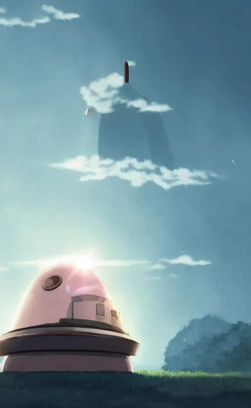 Image similar to an asymmetrical cell - shaded studio ghibli concept art study of a huge silver cube ufo in the sky. an elegant alien is on the ground. very dull colors,, hd, 4 k, hq