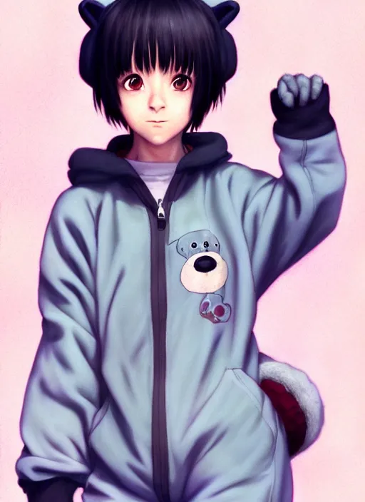 Image similar to a beautiful portrait painting of lain from serial experiments : lain wearing a bear onesie. character design by shinji aramaki, charlie bowater, ross tran, artgerm, and makoto shinkai