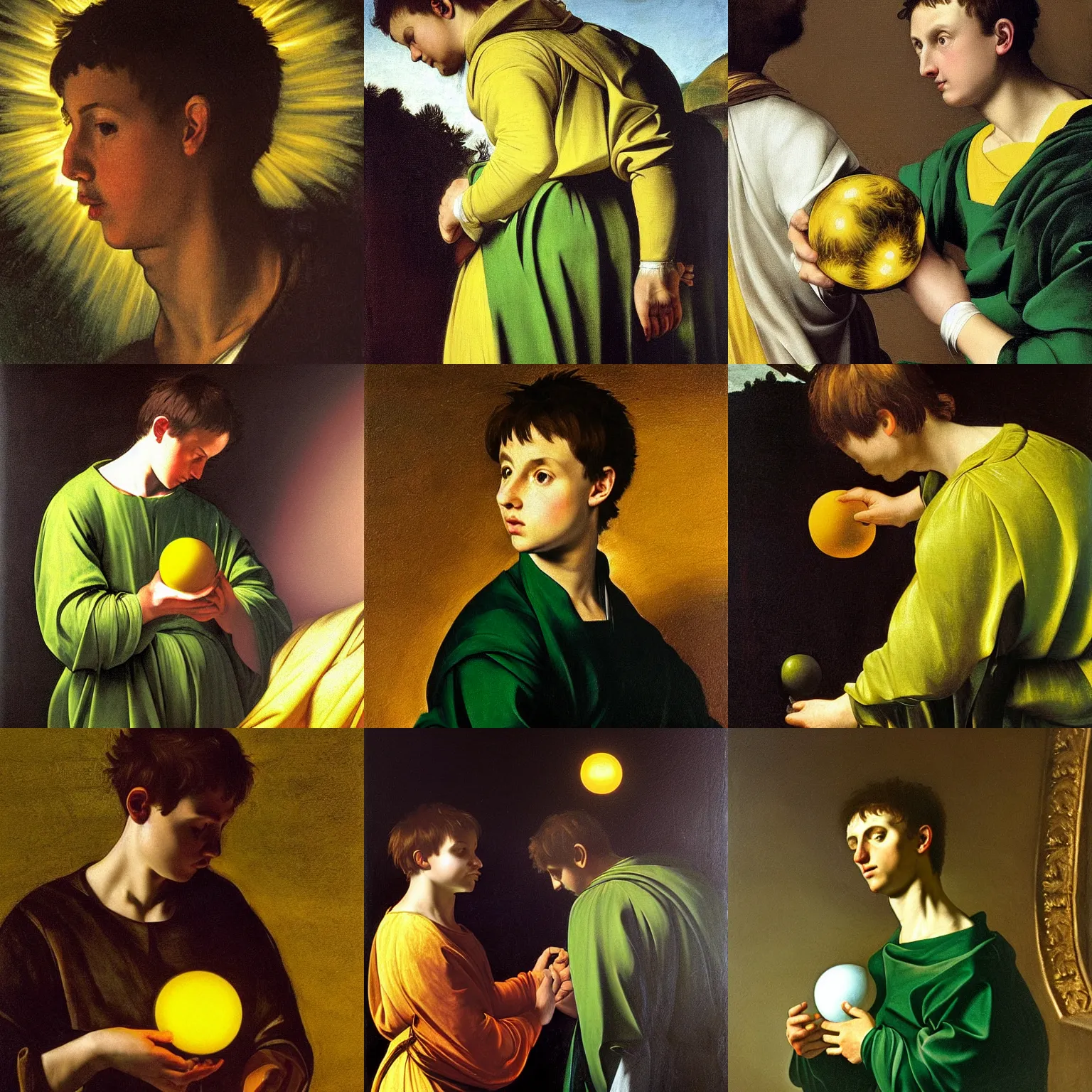 Prompt: Mason Mount wearing green tunic holding a yellow glowing orb. Painted by Caravaggio high detail
