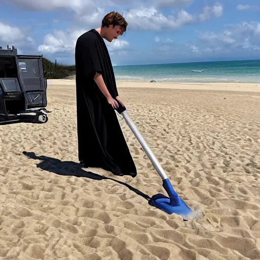 Prompt: anakin skywalker vacuuming beach to remove sand