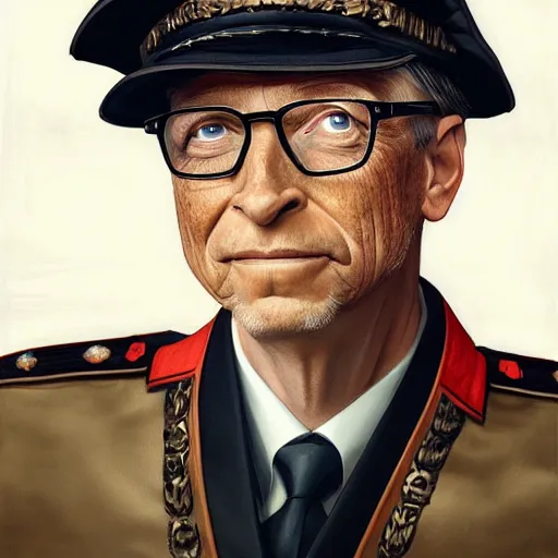 Image similar to portrait of Bill Gates as a German Officer, elegant, intricate, headshot, highly detailed, digital painting, artstation, concept art, sharp focus, illustration, art by artgerm and greg rutkowski and alphonse mucha