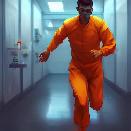 Image similar to a man in an orange jumpsuit running through a laboratory,digital art,art by greg rutkowski,ross tran,artstation,deviantart,photorealistic,hyperdetailed,detailed face,dramatic,cinematic,high quality,highly detailed face,western comic style,sharp lineart