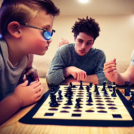 Image similar to “ a group of matty healys sit around a game of chess ”