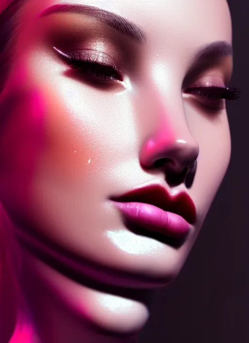 Image similar to beautiful female, attractive facial features, haze, model, intricate, symmetrical face, makeup, sephora, maybelline, studio, reflections, cinematic, filmic, vsco, concept art, artstation, elegant, model, gorgeous, vray, flim, octane render, ambient occlusion, prism details