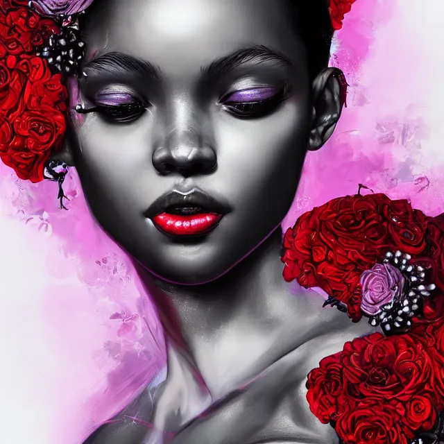 Image similar to studio portrait absurdly beautiful, elegant, lovely, young hypercolorful sensual black model rubies red petals gems, ultrafine hyperrealistic detailed face illustration by kim jung gi, irakli nadar, intricate linework, sharp focus, bright colors, matte, octopath traveler, final fantasy, unreal engine highly rendered, global illumination, radiant light, intricate rainbow environment