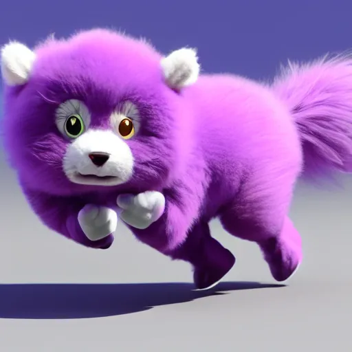 Image similar to purple fluffy animal running happily, hyperrealistic 4 k ultra detail 3 d render