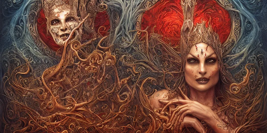 Image similar to A beautiful detailed orixa, tarot card, by tomasz alen kopera and Justin Gerard, symmetrical features, ominous, magical realism, texture, intricate, ornate, royally decorated, skull, skeleton, whirling smoke, embers, red adornements, red torn fabric, radiant colors, fantasy, trending on artstation, volumetric lighting, micro details, 3d sculpture, ray tracing, 8k, anaglyph effect