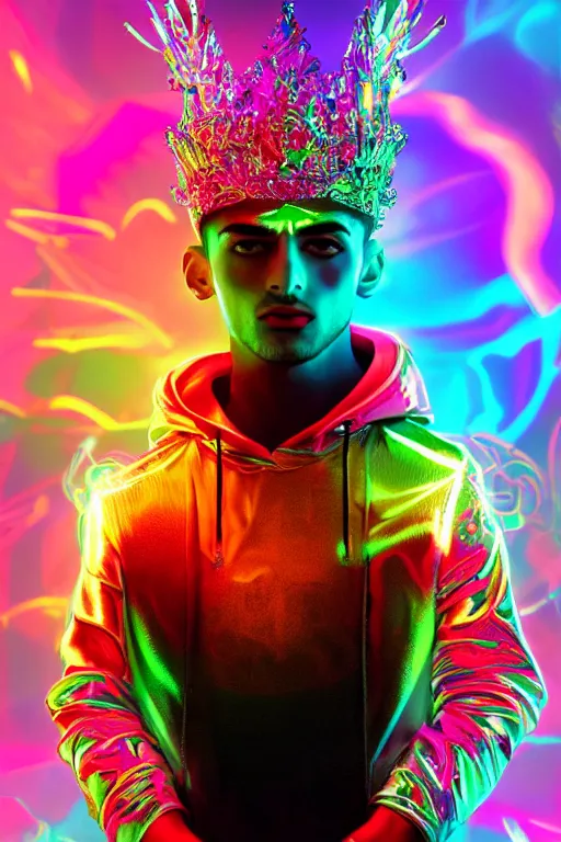 Prompt: hyper detailed ultra sharp portrait of baroque and bladerunner delicate neon ruby sculpture of seductive albino zayn malik tigers orange radioactive humanoid deity wearing metallic hoody made out of leaves holding the sun prismatic dungeon, glowing rainbow face, crown of white diamonds, cinematic lighting, photorealistic, octane render 8 k depth of field 3 d