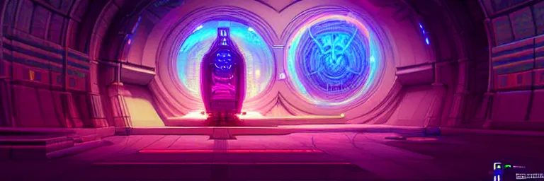 Prompt: a 3 d render of a cybernetic temple, vaporwave aesthetic, colorful, psychedelic, digital painting, artstation, concept art, smooth, sharp focus, illustration, art by artgerm and greg rutkowski and alphonse mucha