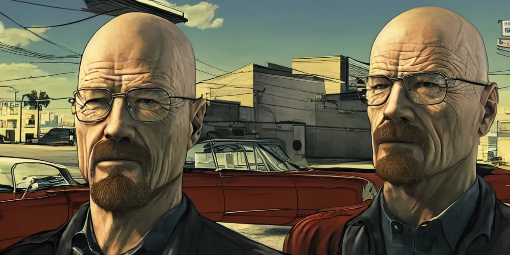 Prompt: Walter White in GTA V, Cover Art by Stephen Bliss, Boxart, Loading Screen