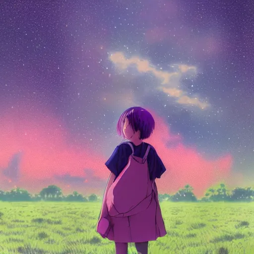 Image similar to a super detailed moe protagonist girl with pink hair in a field by inio asano, beeple and james jean, aya takano color style, 4 k, super detailed, night sky, digital art, digital painting, celestial, majestic, colorful