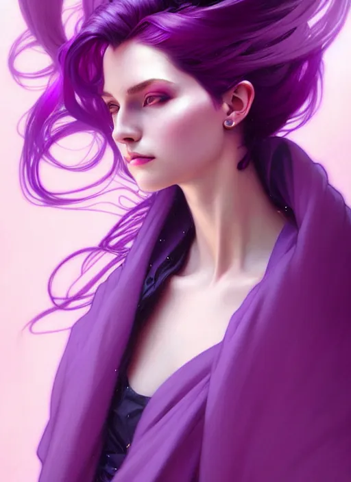 Image similar to Purple hair, creative colouring Portrait of woman, fashion, intricate, elegant, highly detailed, digital painting, artstation, concept art, smooth, sharp focus, illustration, art by artgerm and greg rutkowski and alphonse mucha