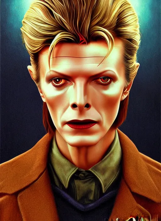 Prompt: twin peaks poster art, portrait of david bowie will he find the way out, by michael whelan, rossetti bouguereau, artgerm, retro, nostalgic, old fashioned