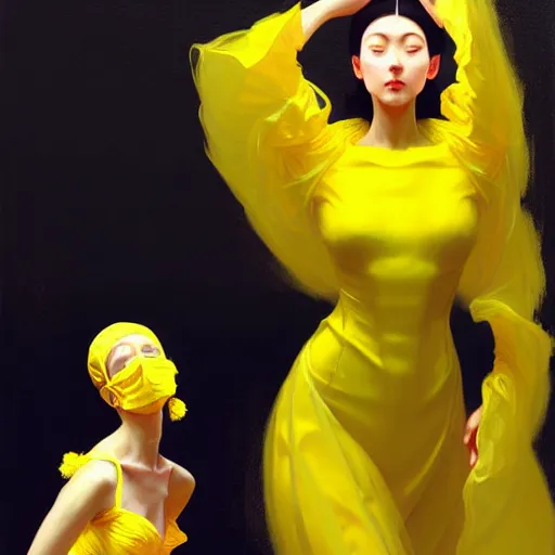 Image similar to a man in a yellow hazmat suit and a voluminous woman in a yellow organza dress both dancing, intricate, elegant, digital painting, concept art, smooth, sharp focus, illustration, from metal gear, by ruan jia and mandy jurgens and william - adolphe bouguereau, artgerm