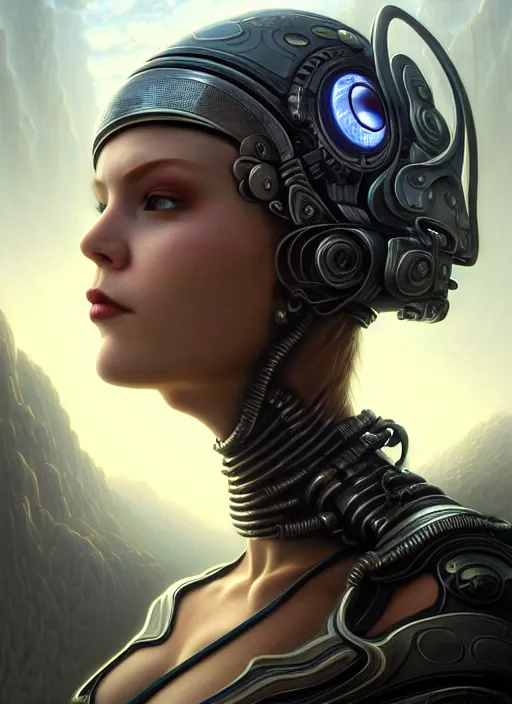 Image similar to closeup portrait shot of cyber girl wearing a bandana in a scenic dystopian environment, intricate, elegant, highly detailed, centered, digital painting, artstation, concept art, smooth, sharp focus, illustration, artgerm, tomasz alen kopera, peter mohrbacher, donato giancola, joseph christian leyendecker, wlop, boris vallejo