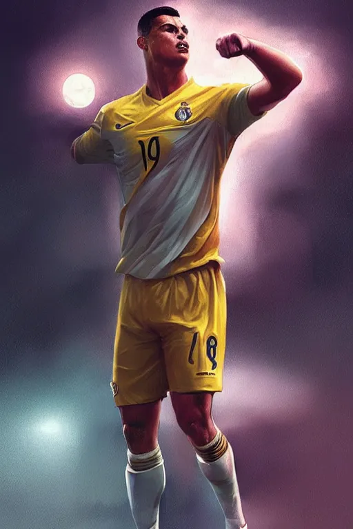 Image similar to ronaldo luis nazario da lima, football player, moonlight, haze, low contrast, digital painting, artstation, concept art, smooth, sharp focus, illustration, art by artgerm and greg rutkowski and alphonse mucha