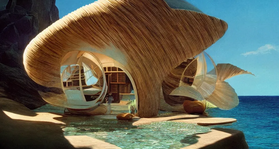 Prompt: seashell house where a little girl lives, atmospheric cinematography by syd mead and emmanuel lubezki