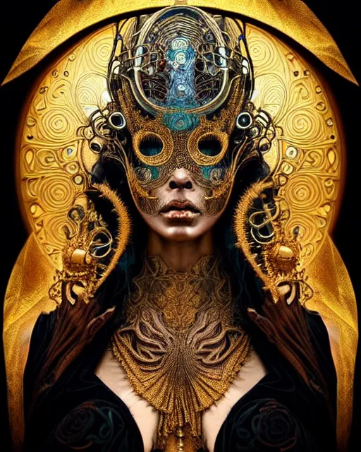 Prompt: hyperrealistic detailed portrait of a beautiful dark goddess in an intricate golden ornamental geometrical ritual mask, intricate cyberpunk make - up, insane details, art by ernst haeckel, nekro borja, android jones, alphonso mucha, gothic - cyberpunk, ornamental, beautiful deep colours,