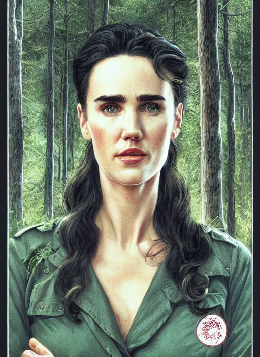 Image similar to portrait of jennifer connelly in woods looking for her friends, twin peaks poster art, from scene from twin peaks, by michael whelan, rossetti bouguereau, artgerm, retro, nostalgic, old fashioned
