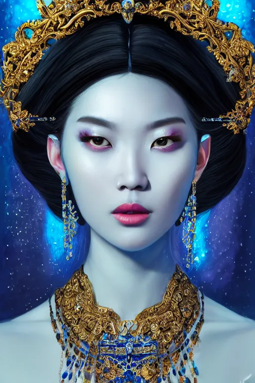 Image similar to a singular beautiful empress portrait, black hair, with a brilliant, impossible striking shiny big blue crystal headpiece, symmetrical, reflective surface, blue crystal clothes, rococo, baroque, jewels, asian, realistic, studio lighting, closeup, D&D, fantasy, intricate, elegant, highly detailed, digital painting, artstation, octane render, 8k, concept art, matte, sharp focus, illustration, art by Artgerm and Greg Rutkowski and Alphonse Mucha