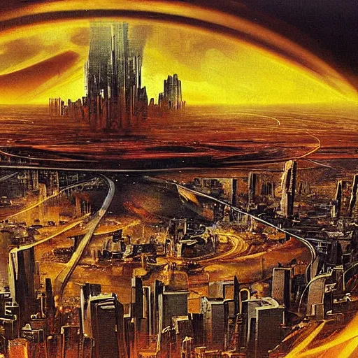 Image similar to A beautiful digital art of a city in ruins. The dominant colors are yellows, oranges and reds, giving the impression of a fiery, destroyed landscape. In the center of the image is a large, looming spaceship, adding to the feeling of unease and despair. platinum, double exposure by Paul Fusco, by J.C. Leyendecker tired, dull