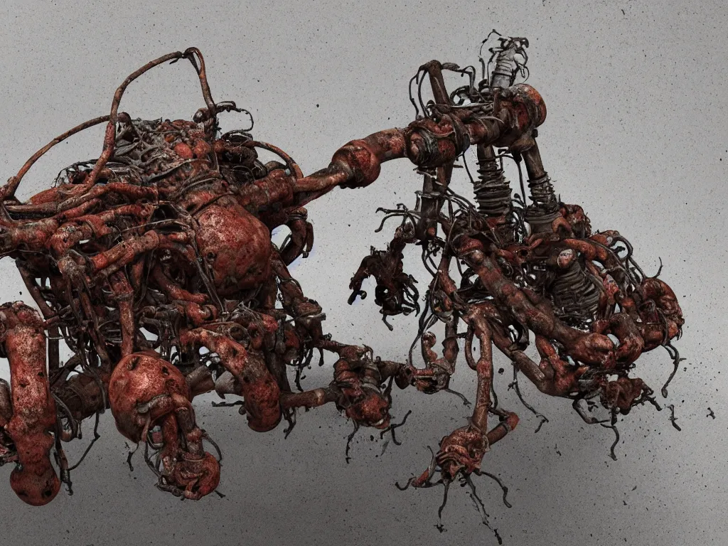 Prompt: Techno-biological rusty T-55 consisting of tumors, meat, veins, bones, guts, kidneys, wires. Biopunk, body-horror, high detail, photorealism, full length view, very rust, concept art, octane render, 16k, 8k