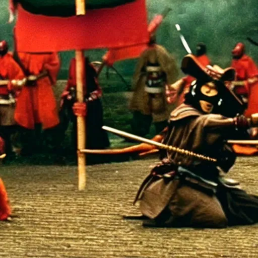 Prompt: a samurai fighting with delicious hot dogs, scene from Kagemusha, 1980, movie still, cinematic, epic,