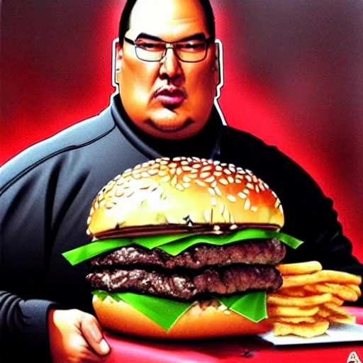 Prompt: Morbidly Obese Steven Seagal eating a mcdonald's big mac hamburger, dripping BBQ Sauce, serving burgers, intricate, elegant, low-brow kitsch grotesque, magical mystical, highly detailed, digital painting, artstation, concept art, matte, sharp focus, hyperreal, art by Artgerm and Greg Rutkowski and Alphonse Mucha