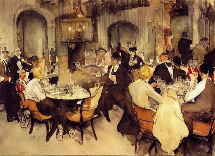 Prompt: gentlemens dinner, singing, roaring twenties, cellar, masterpiece, torches on wall, meat, wine, schnapps, smoking cigars, scantily clad blondes, watercolor by anders zorn and carl larsson, art nouveau