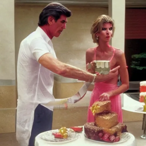 Prompt: pierce brosnan force - feeding a skinny woman with cake