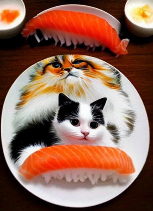 Image similar to clear photorealistic picture of adorable cats made out of sushi