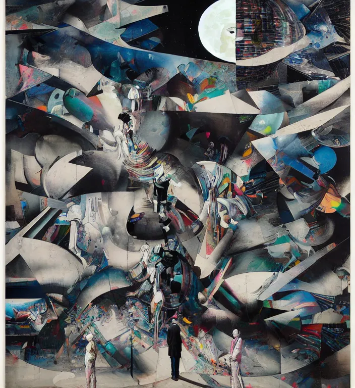 Image similar to decollage painting old white - headed man under the huge moon on a street of ruined city by adrian ghenie and takato yamamoto and edward hopper and mark ryden and tsutomu nihei, part by bridget riley, acrylic pour and splashing paint, very coherent, baroque elements, perfect anatomy, intricate design. pop art.