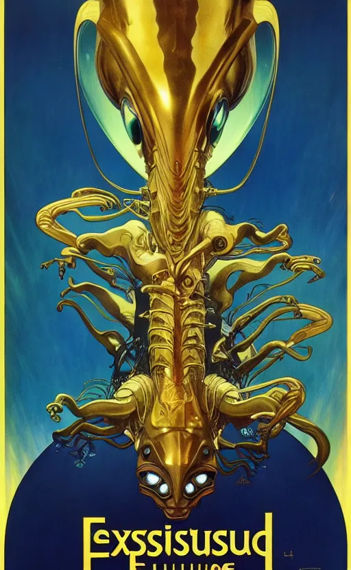 Image similar to exquisite imaginative alien creature poster art, gold, movie art, by lucusfilm, weta studio, alphonso mucha, james jean, frank frazetta, 8 k, denoised