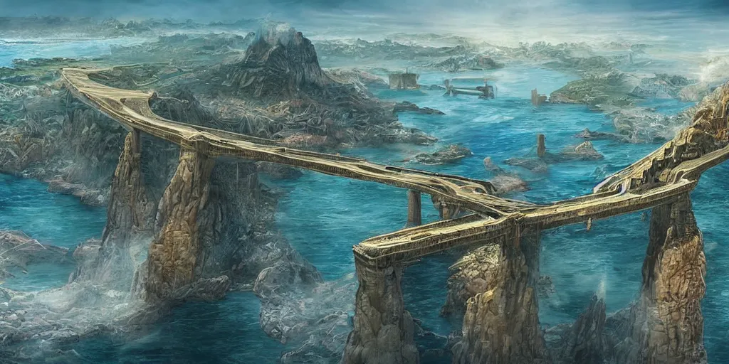 Image similar to illustration, concept illustration, a single giant ancient city on a single bridge, giant continent bridge build over the ocean in a straight line that developed into a grand city, fading into the distance