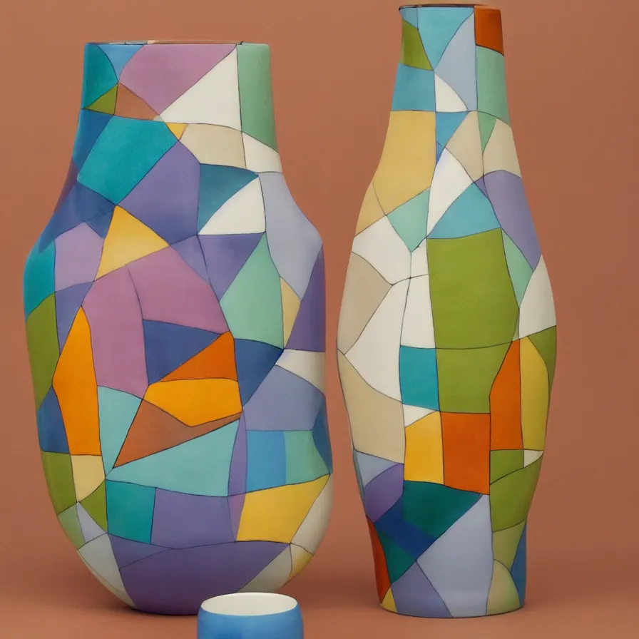 Image similar to beautiful ceramics studio photograph of a tall colorful geometric symmetrical porcelain jug glazed by paul klee placed on a polished wooden table, hyperrealism 8 k trending on artstation